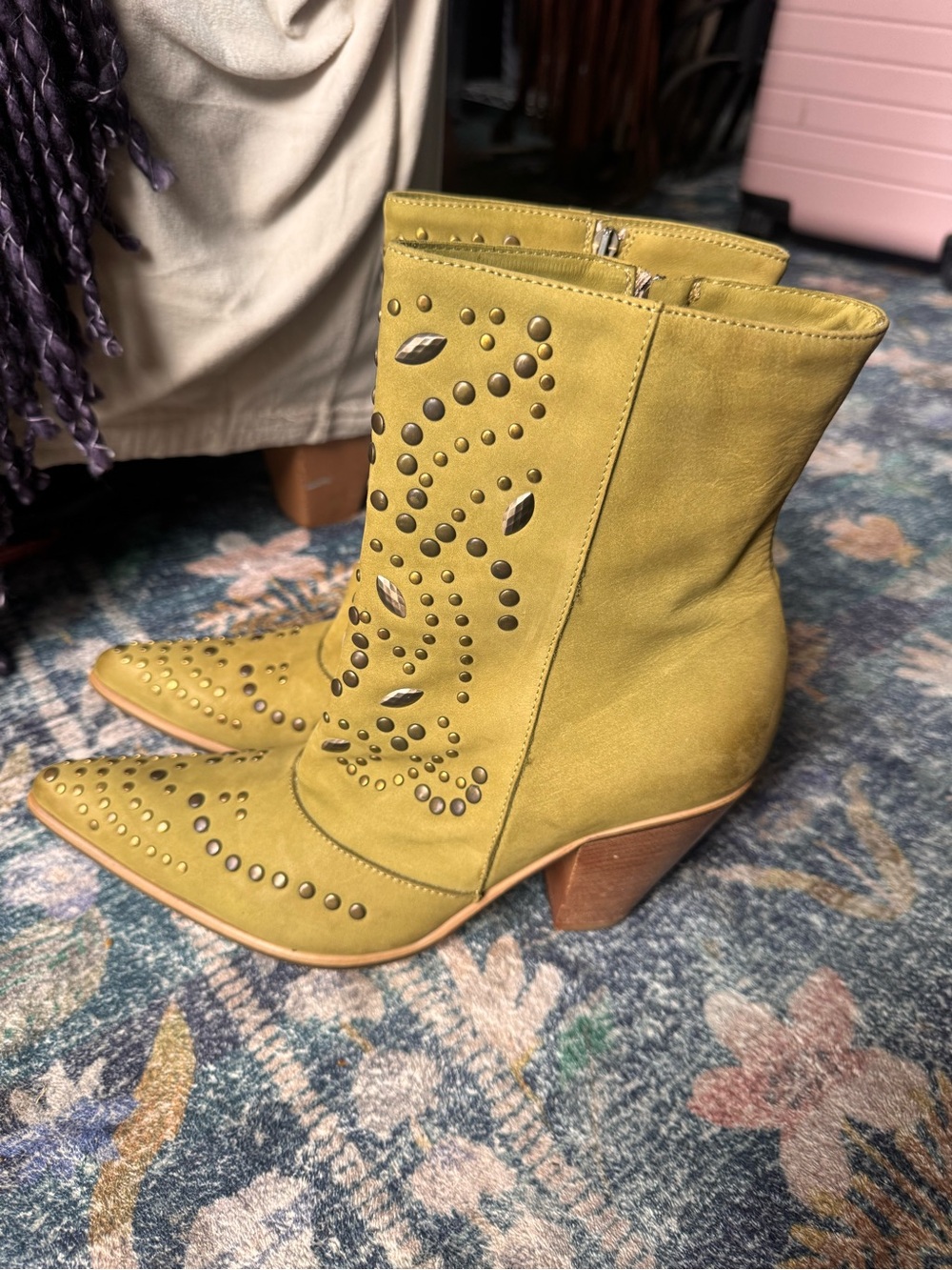 Sundance Olive Green Studded Mid-Calf Heeled Western Boots